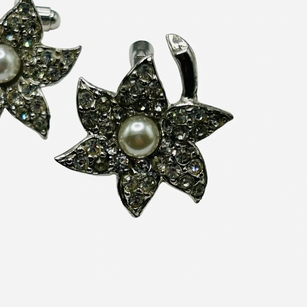 Vintage Flower Rhinestone Faux Pearl Cuff Links Unisex